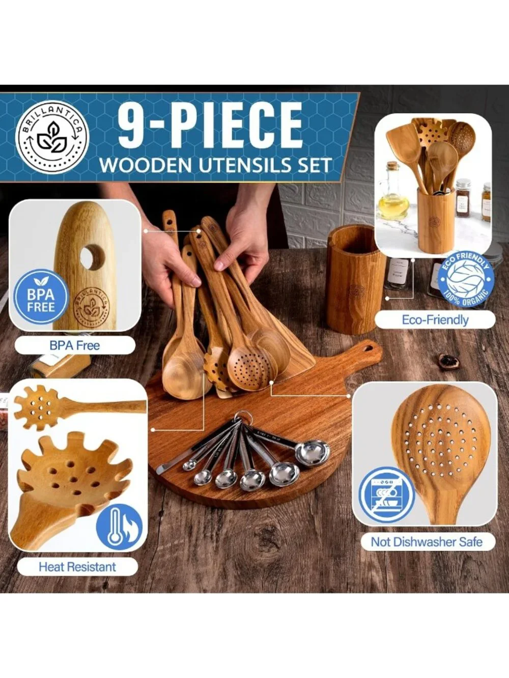 9-Piece Wooden Kitchen Utensil Set with Holder & Stainless Steel Measuring